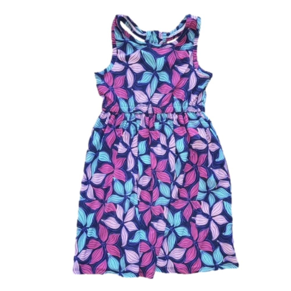PEANUT & ELLIE Stretchy Blue Dress with Floral Print in Pink Magenta and Aqua